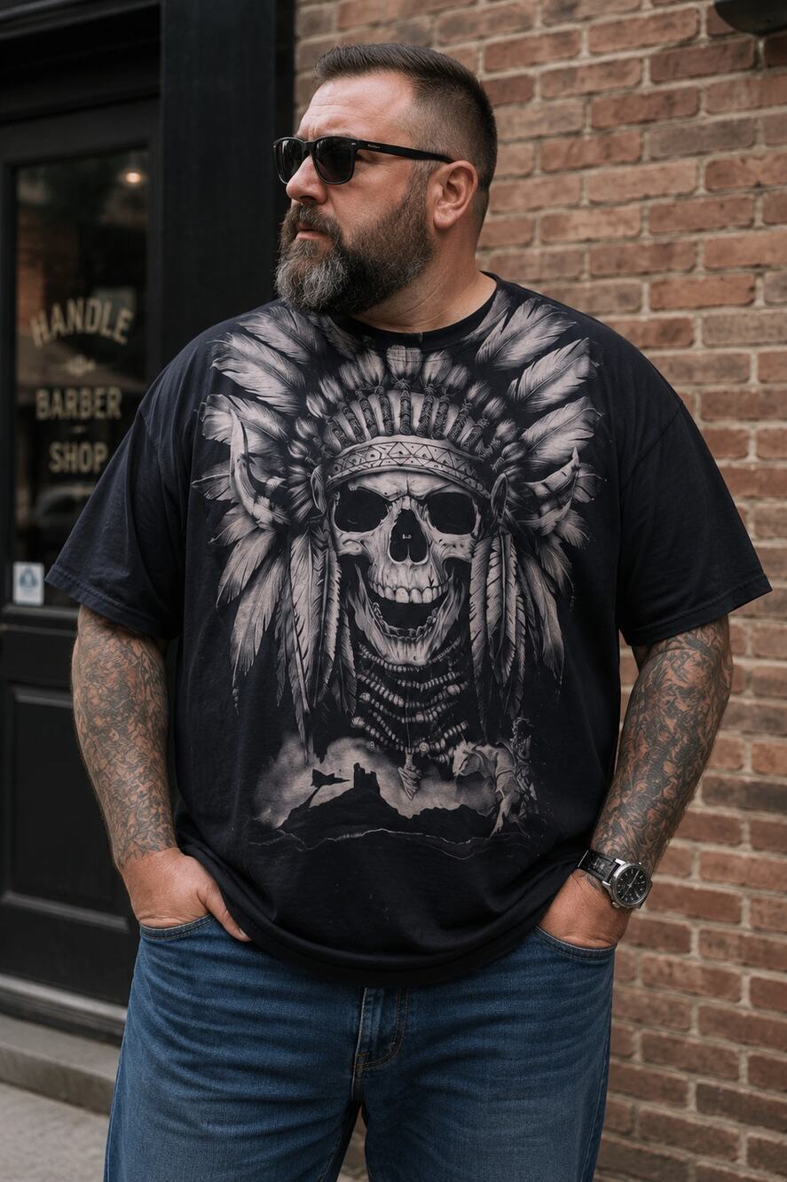 Vintage Indian Skull T Shirt Big Chief Black All Over Print Native America 2XL